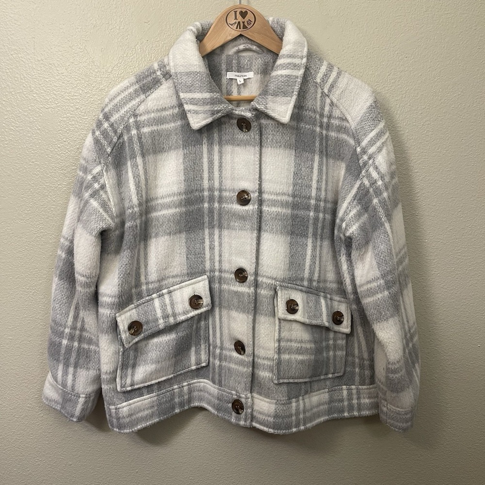 Maurices Oversized Plaid Jacket Fall Winter Patch Pockets Off White Gray Sz L